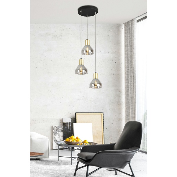 Lampa Wisząca Gregory Talerz Czarny Brąz 3X40W E14 Klosz Dymiony Candellux