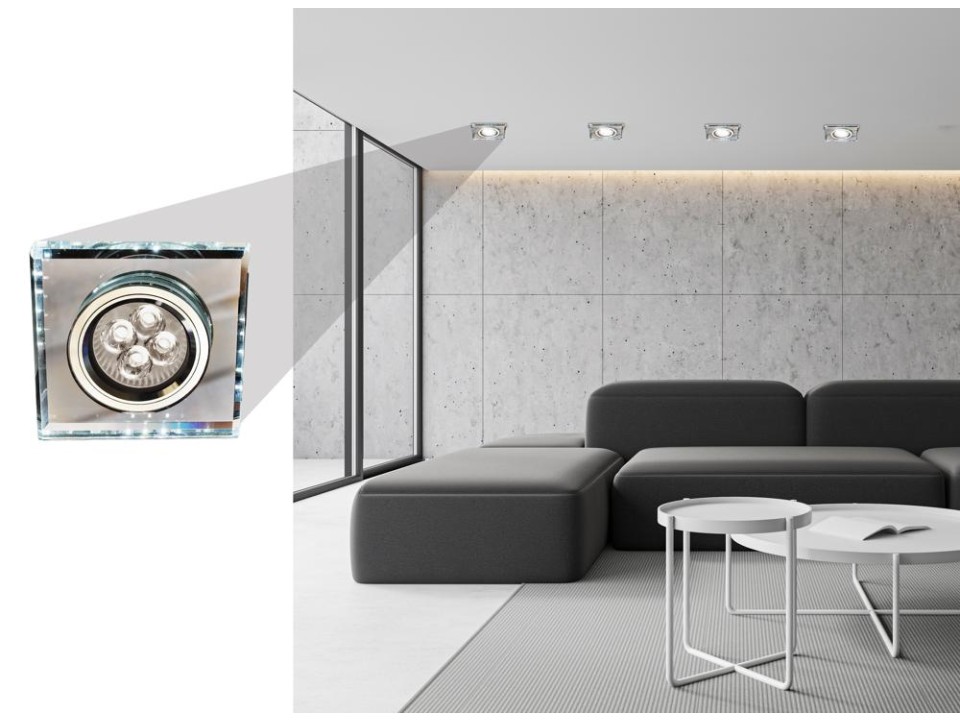 Ss-22 Ch/Tr+Wh Gu10 50W+Led Smd 2 1W Biały 230V Chrom Oczko Sufitowe Lampa Sufitowa. Strop. Stała Kwadratowa Szkło Transparentne Candellux