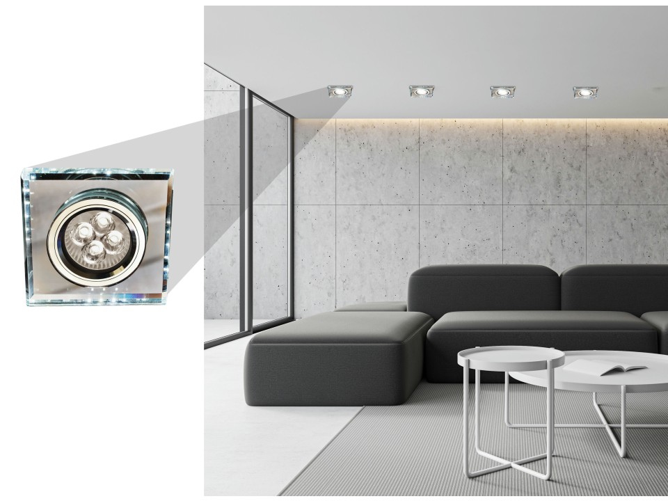 Ss-22 Ch/Tr+Wh Gu10 50W+Led Smd 2 1W Biały 230V Chrom Oczko Sufitowe Lampa Sufitowa. Strop. Stała Kwadratowa Szkło Transparentne Candellux