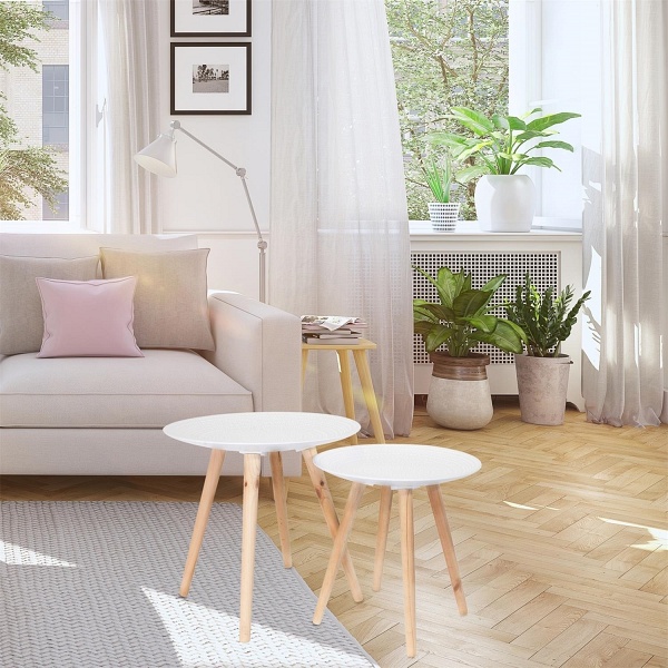 Zestaw 2 okrągłych stolików biały/naturalny - Intesi