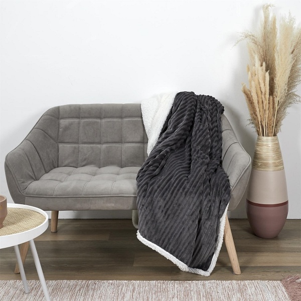 Koc Sherpa szary 180x220cm prążkowany - Intesi