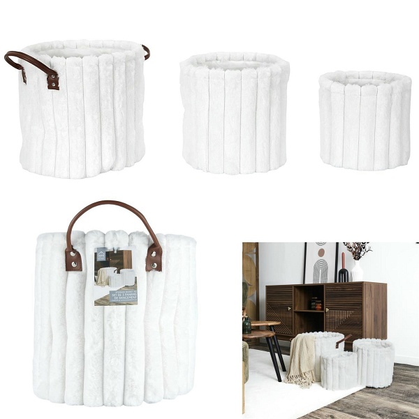 Zestaw 3 koszy tkanina Furry białe - Intesi