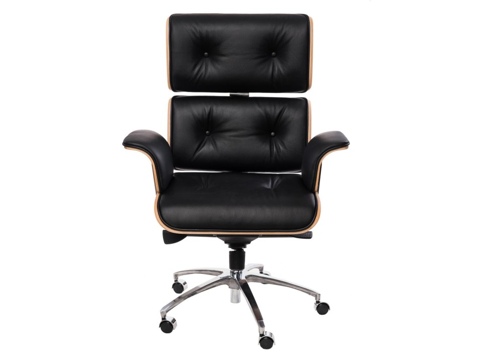 Fotel biurowy VIP czarna skóra,orzechowy fornir, chrom - d2design