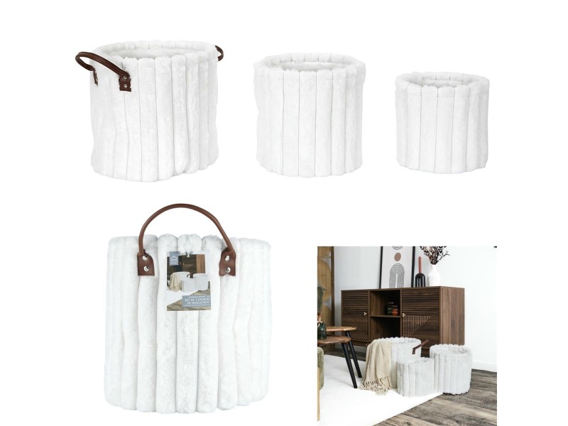Zestaw 3 koszy tkanina Furry białe - Intesi