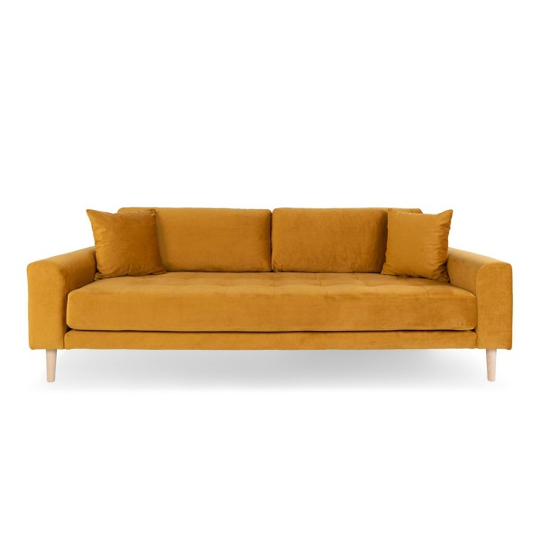 Sofa trzyosobowa Lido Intesi żółta aksamitna na drewnianych nogach do salonu w stylu skandynawskim ( Rozmiar: uniwersalny )