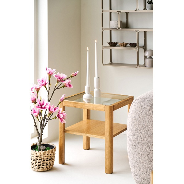 Stolik kawowy Lourmarin kwadratowy szklany dębowy skandynawski 40x40 ( Rozmiar: uniwersalny )