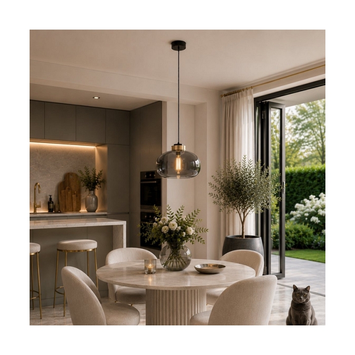Lampa wisząca BOOM 35 cm - LED, klosz szary, wykonczenie złote - Step Into Design