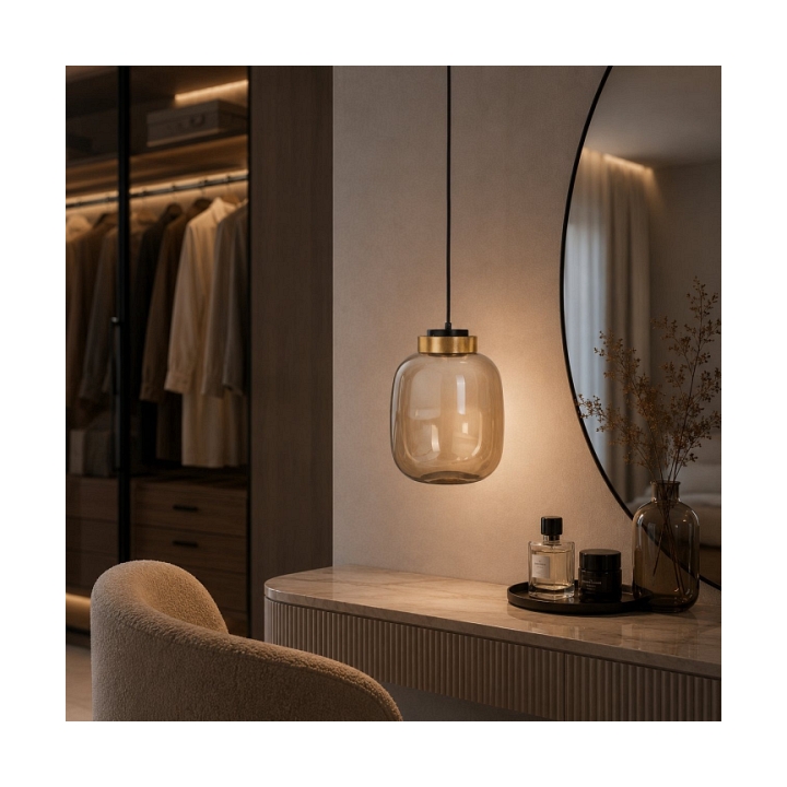 Lampa wisząca BOOM 25 cm - LED, klosz bursztynowy, wykonczenie złote - Step Into Design