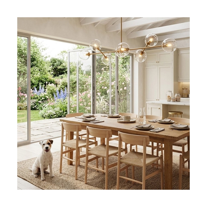 Lampa wisząca COSMIC-8, 85 cm - złoty stelaż, transparentne klosze - Step Into Design