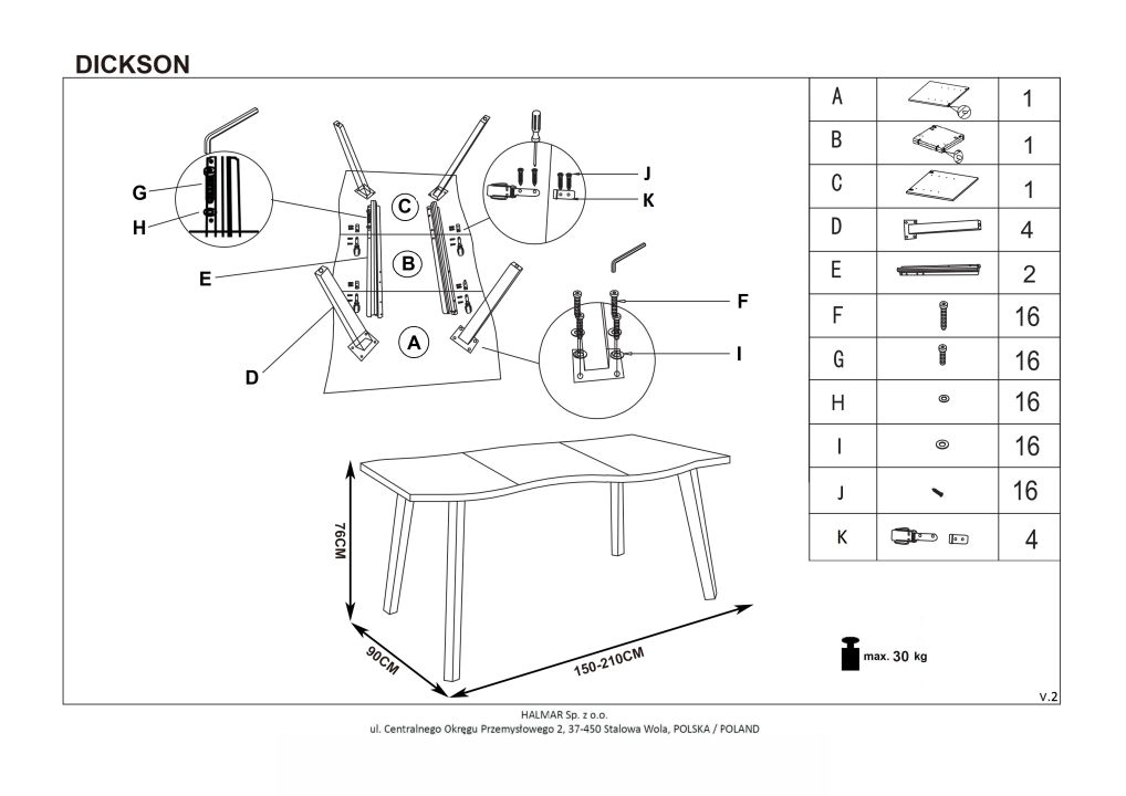 Instrukcja montażu stołu Dickson 2 150 210 90