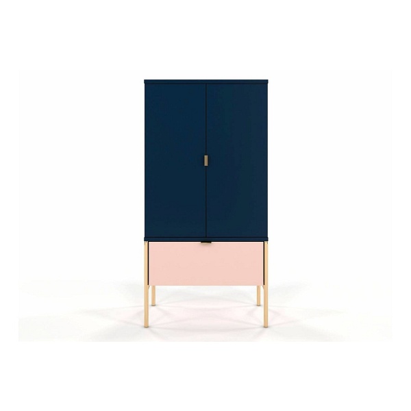 Wysoka elegancka granatowo-różowa komoda skandica polka na złotych nóżkach