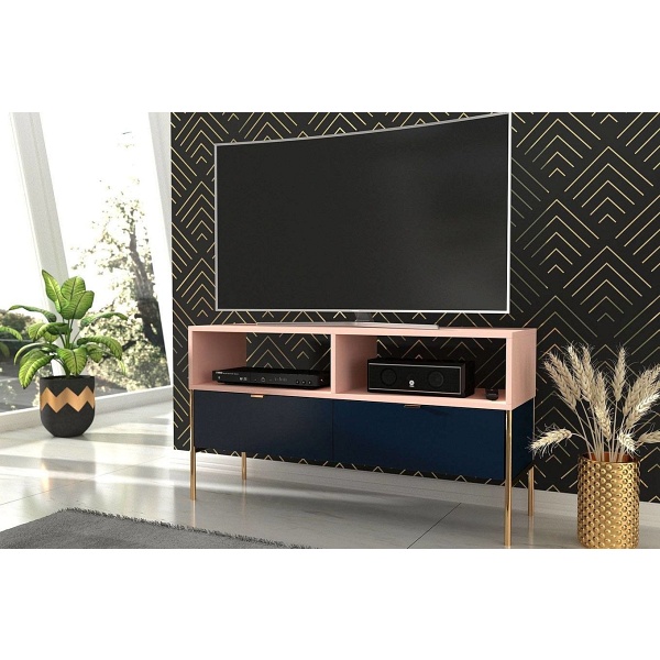 Elegancka granatowo-różowa szafka rtv skandica polka na złotych nóżkach