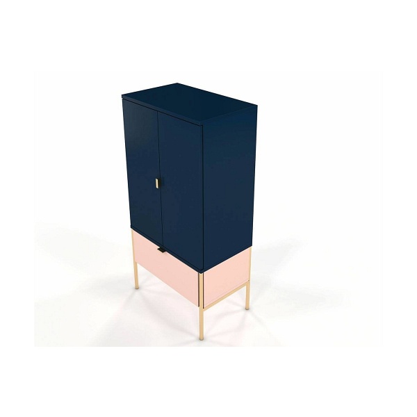 Wysoka elegancka granatowo-różowa komoda skandica polka na złotych nóżkach