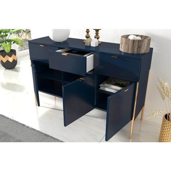 Elegancka granatowa komoda skandica polka na złotych nóżkach