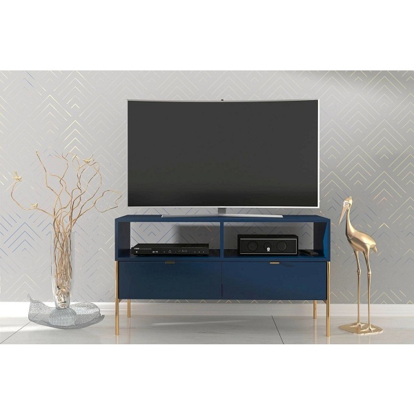 Elegancka granatowa szafka rtv skandica polka na złotych nóżkach