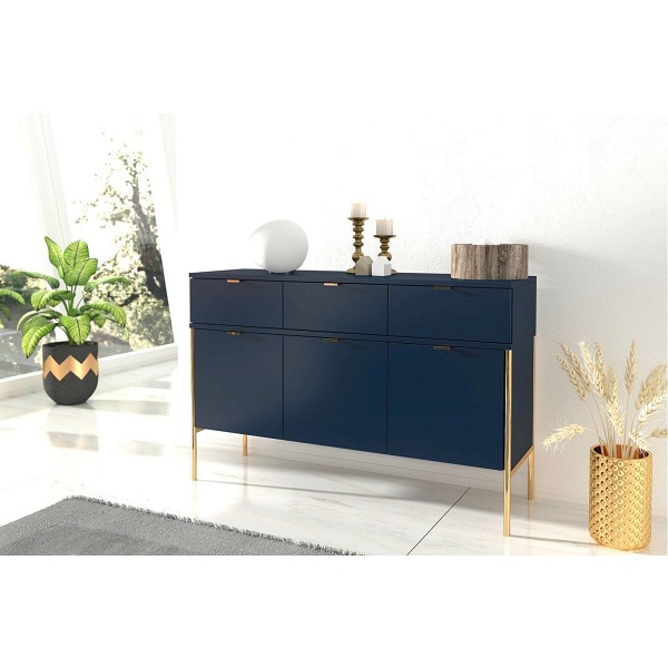 Elegancka granatowa komoda skandica polka na złotych nóżkach