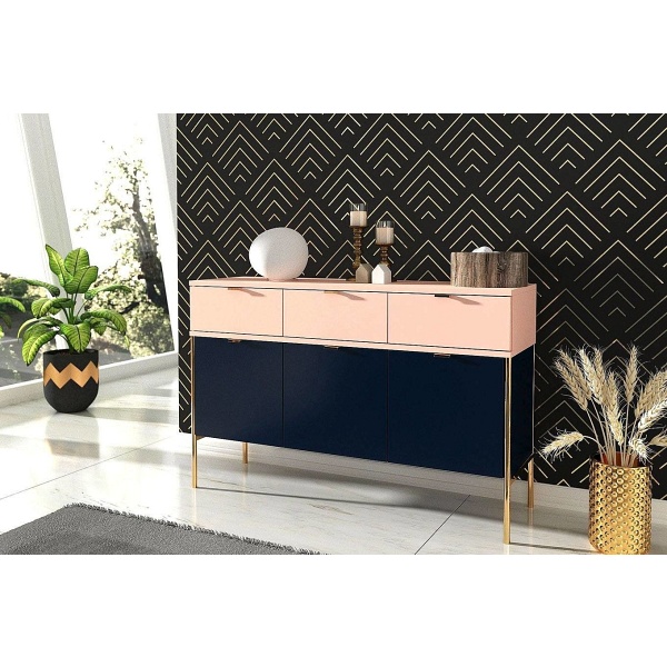 Elegancka granatowo-różowa komoda skandica polka na złotych nóżkach