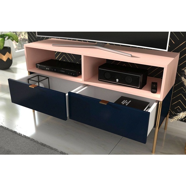 Elegancka granatowo-różowa szafka rtv skandica polka na złotych nóżkach