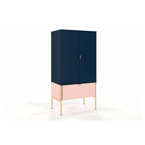 Wysoka elegancka granatowo-różowa komoda skandica polka na złotych nóżkach