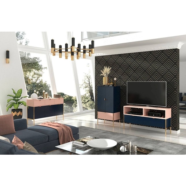 Elegancka granatowo-różowa komoda skandica polka na złotych nóżkach