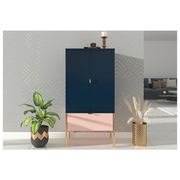 Wysoka elegancka granatowo-różowa komoda skandica polka na złotych nóżkach