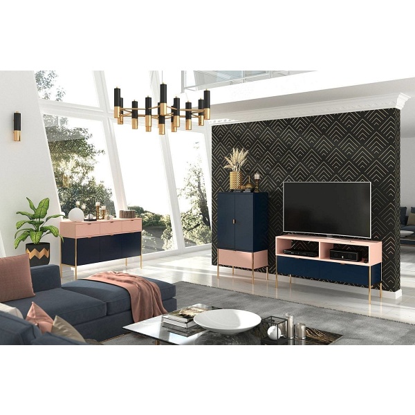 Wysoka elegancka granatowo-różowa komoda skandica polka na złotych nóżkach