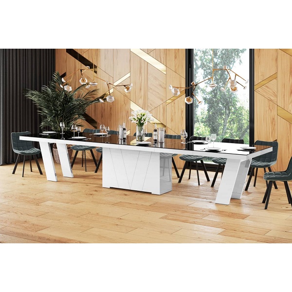 Stół rozkładany Grande czarny blat / biały wysoki połysk 160 - 412 cm