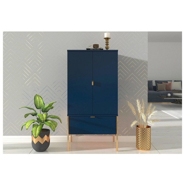 WYSOKA ELEGANCKA GRANATOWA KOMODA SKANDICA POLKA NA ZŁOTYCH NÓŻKACH