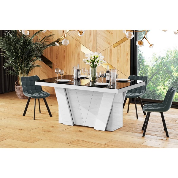 Stół rozkładany Grande czarny blat / biały wysoki połysk 160 - 412 cm