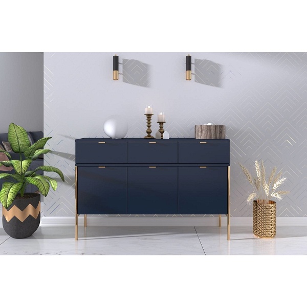 Elegancka granatowa komoda skandica polka na złotych nóżkach