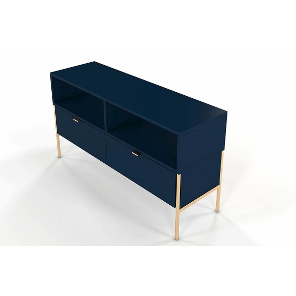 Elegancka granatowa szafka rtv skandica polka na złotych nóżkach