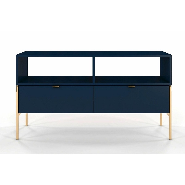 Elegancka granatowa szafka rtv skandica polka na złotych nóżkach