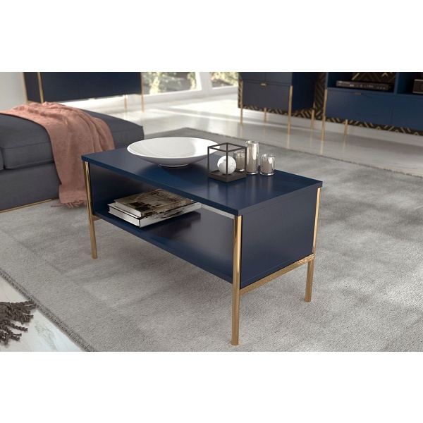 Elegancki granatowy stolik kawowy skandica polka na złotych nóżkach