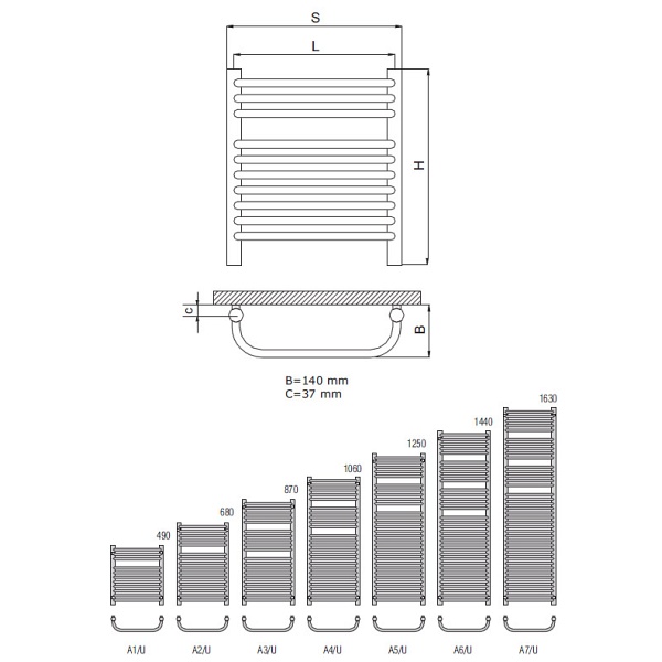 Grzejnik A/U Radeco A6-600/U wys. 1440mm szer. 635mm Moc 1360W