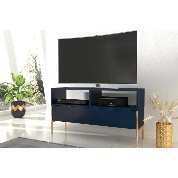 Elegancka granatowa szafka rtv skandica polka na złotych nóżkach