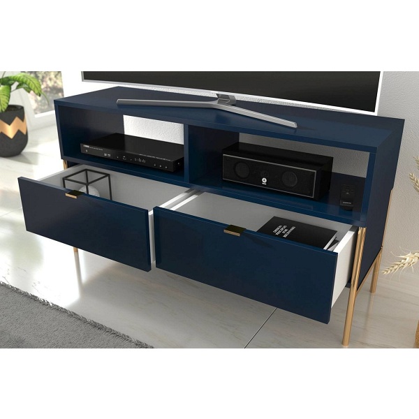 Elegancka granatowa szafka rtv skandica polka na złotych nóżkach