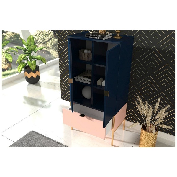 Wysoka elegancka granatowo-różowa komoda skandica polka na złotych nóżkach