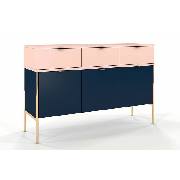 Elegancka granatowo-różowa komoda skandica polka na złotych nóżkach