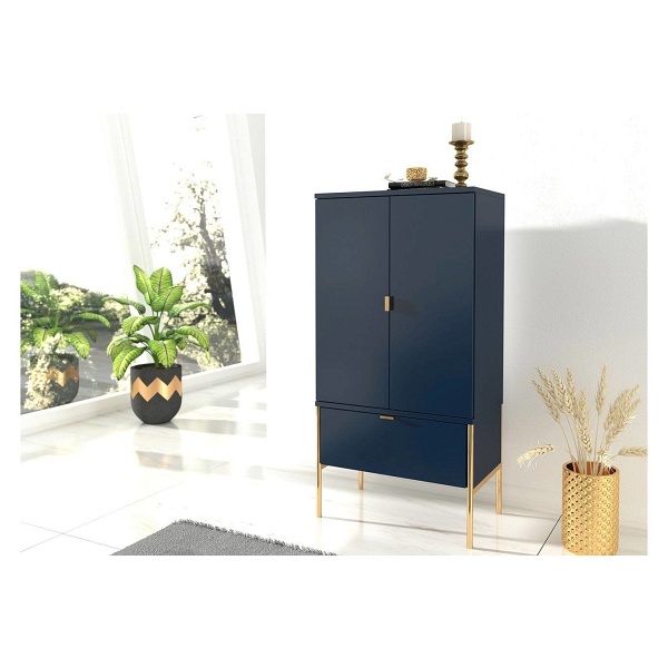 WYSOKA ELEGANCKA GRANATOWA KOMODA SKANDICA POLKA NA ZŁOTYCH NÓŻKACH