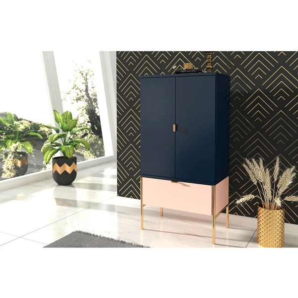 Wysoka elegancka granatowo-różowa komoda skandica polka na złotych nóżkach