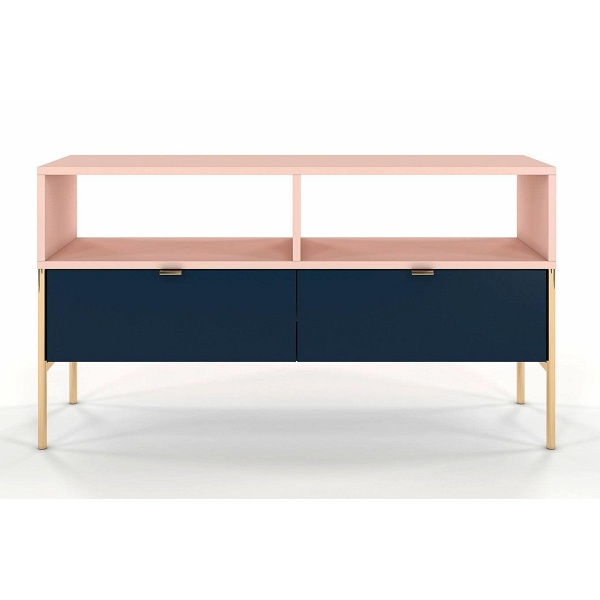 Elegancka granatowo-różowa szafka rtv skandica polka na złotych nóżkach