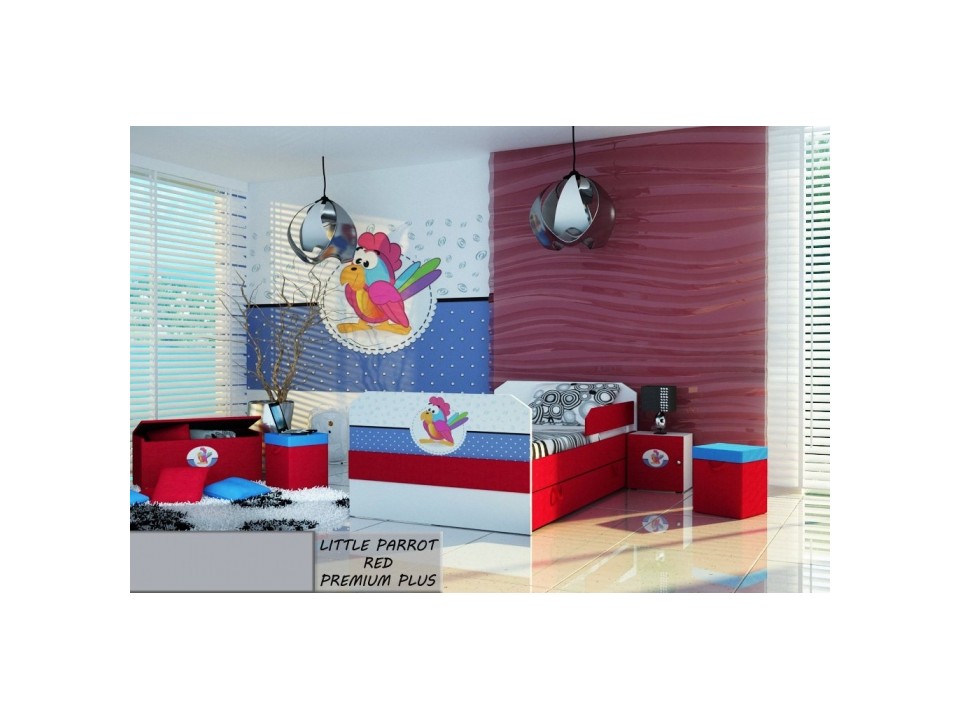 Łóżko dziecięce tapicerowane LITTLE PARROT RED PREMIUM PLUS + Szuflada i Materac 140x80cm - versito