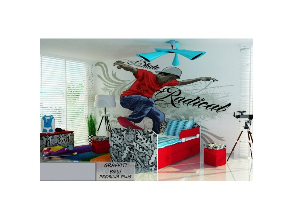 Łóżko dziecięce tapicerowane GRAFFITI B&W PREMIUM PLUS + Szuflada i Materac 180x80cm - versito
