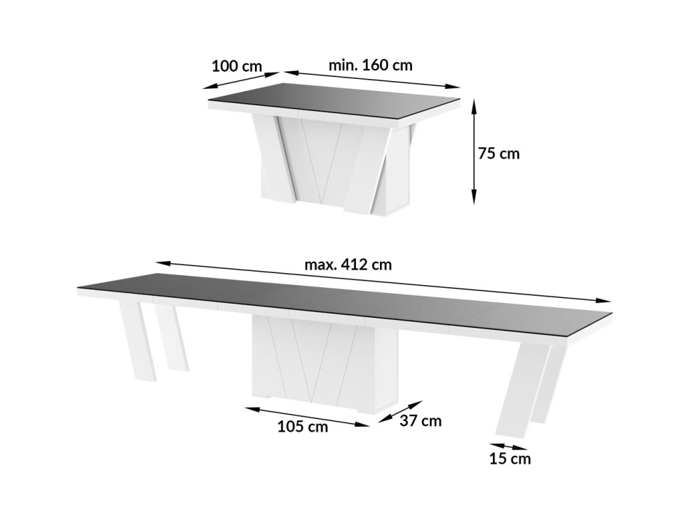 Stół rozkładany Grande czarny blat / biały wysoki połysk 160 - 412 cm