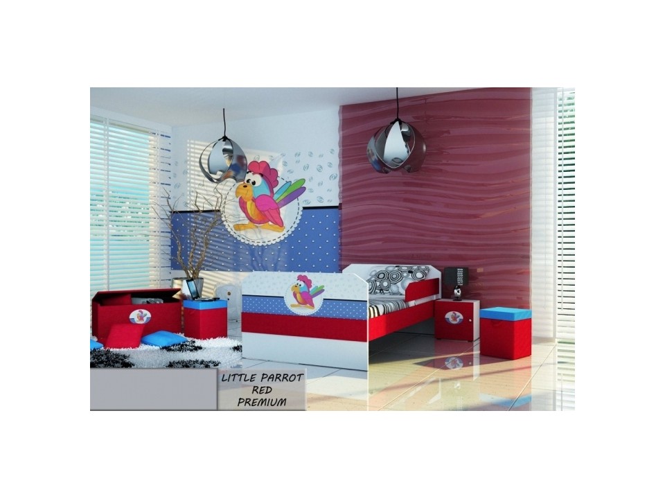 Łóżko dla dziecka tapicerowane LITTLE PARROT RED PREMIUM z materacem 180x80cm - versito