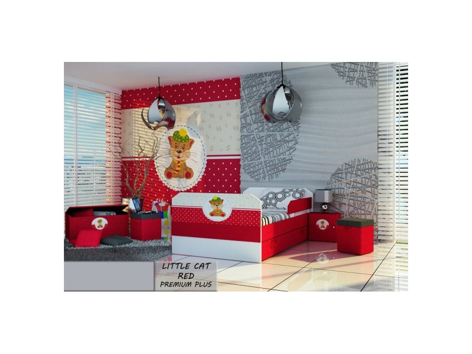 Łóżko dziecięce tapicerowane LITTLE CAT RED PREMIUM PLUS + Szuflada i Materac 160x80cm - versito