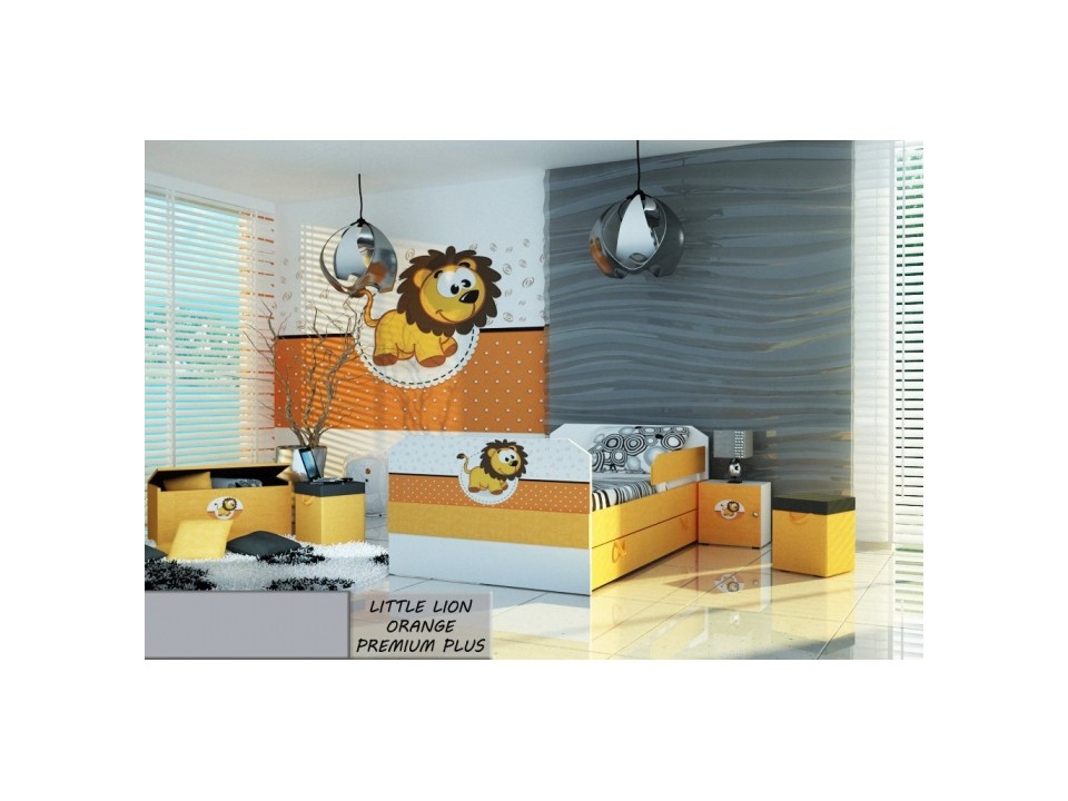 Łóżko dziecięce tapicerowane LITTLE LION ORANGE PREMIUM PLUS + Szuflada i Materac 160x80cm - versito