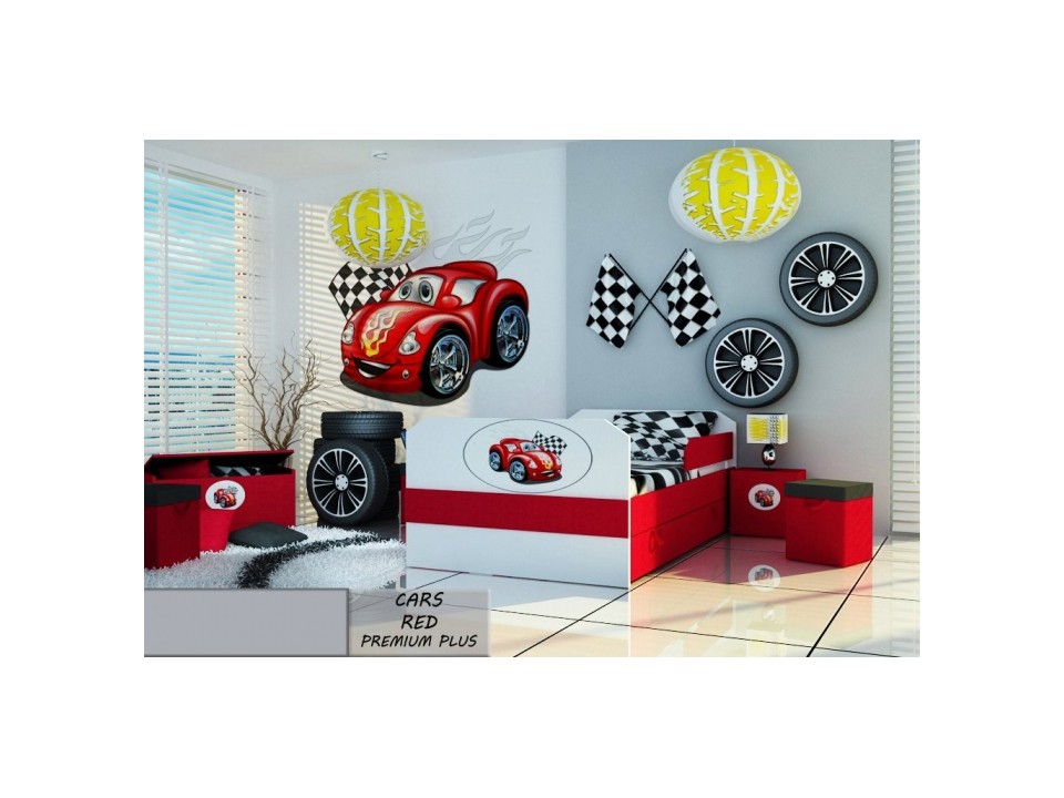 Łóżko dziecięce tapicerowane CARS RED PREMIUM PLUS + Szuflada i Materac 140x80cm - versito