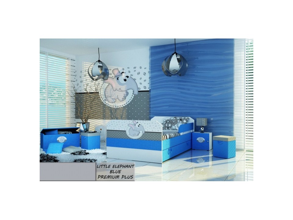 Łóżko dziecięce tapicerowane LITTLE ELEPHANT BLUE PREMIUM PLUS + Szuflada i Materac 140x80cm - versito