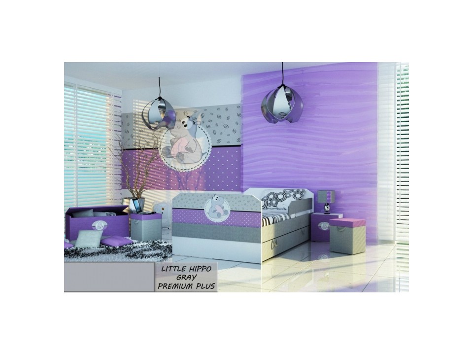 Łóżko dziecięce tapicerowane LITTLE HIPPO GRAY PREMIUM PLUS + Szuflada i Materac 140x80cm - versito
